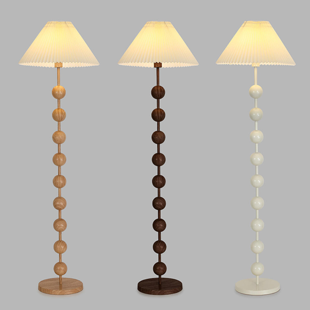 Bedside Wooden Beaded Pleated Cone LED Floor Lamp Image - 9