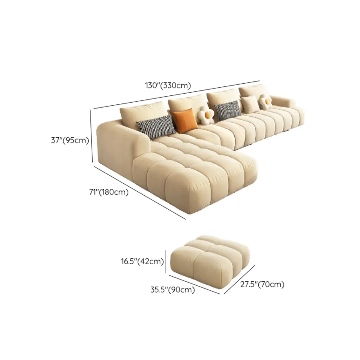 Beige Abrasive Cloth Recessed Arm Left Sofa Chaise Image - 26