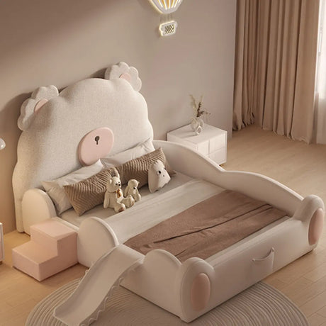 Beige Bear Upholstered Wood Frame Kids Bed with Storage Image - 2