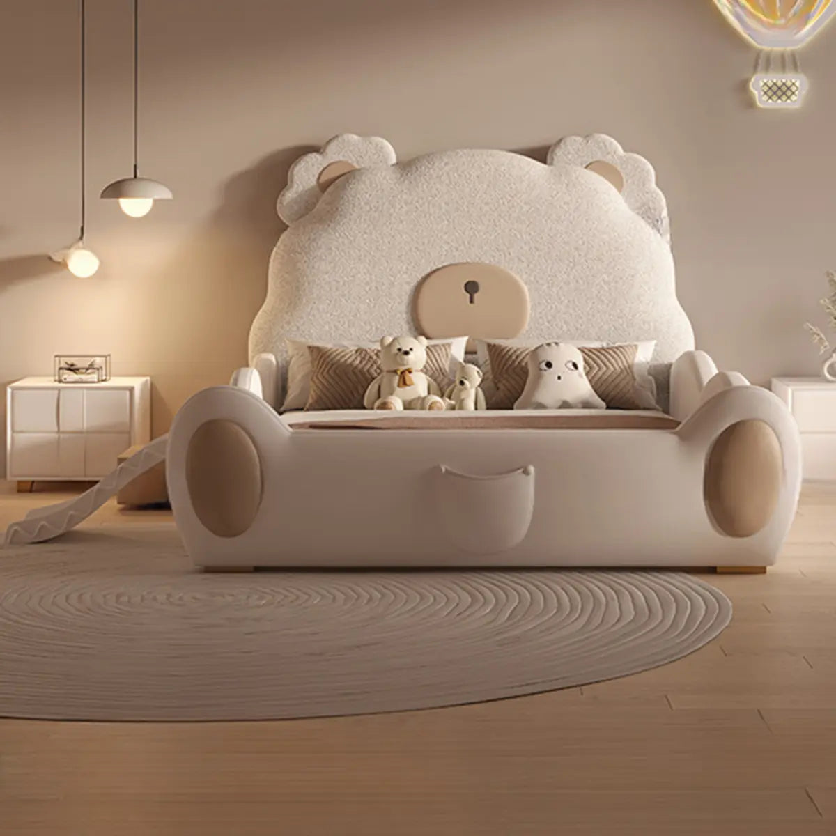 Beige Bear Upholstered Wood Frame Kids Bed with Storage Image - 3