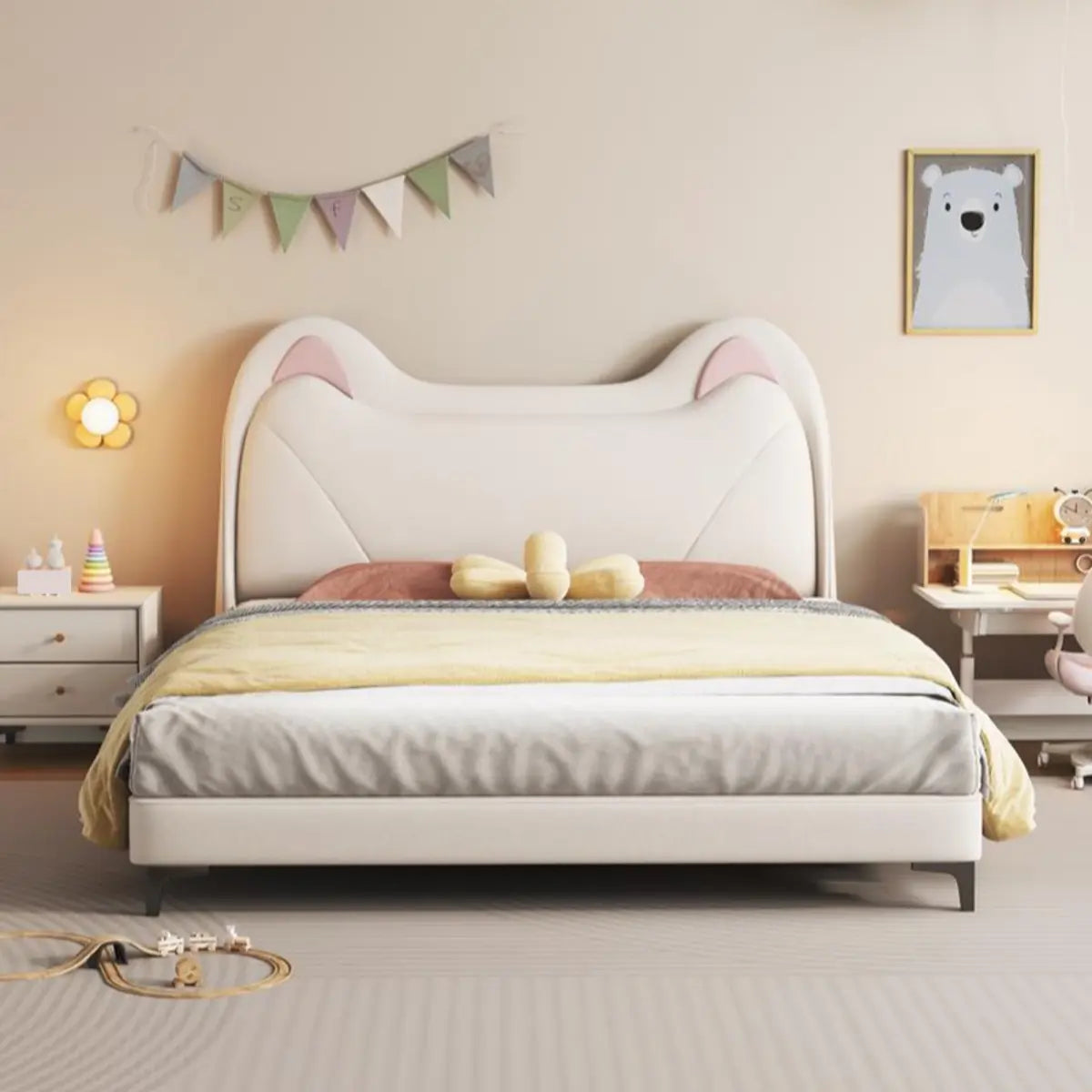 Beige Cat Shape Upholstered Tall Clearance Kids Bed Image - 3