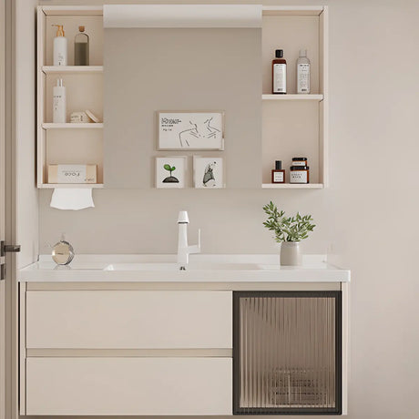 Beige Ceramic Sink and Faucet Bathroom Vanity with Storage Image - 2