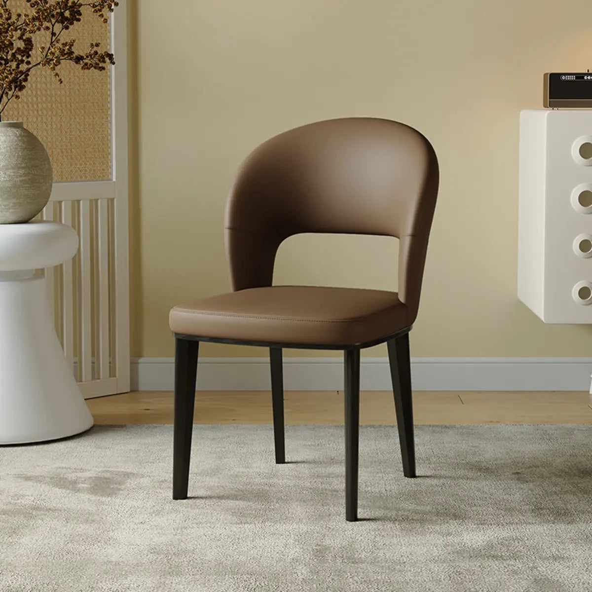 Beige Curved Open Low Back Faux Leather Dining Chair Image - 7