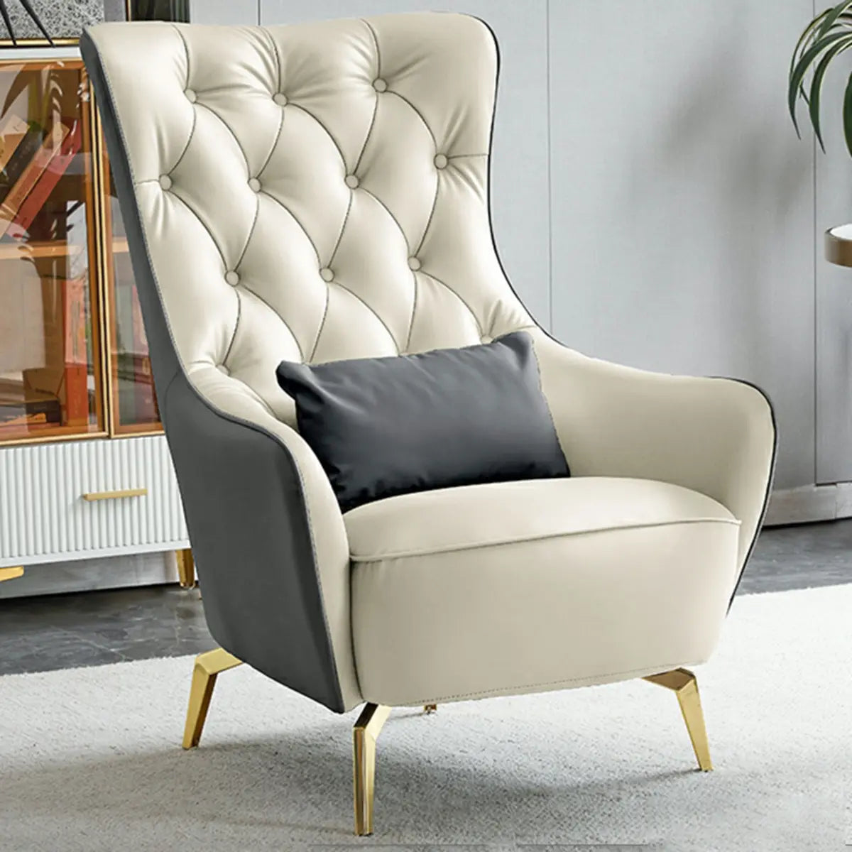 Beige-Dark Blue Stain Resistant Leather Arm Chair Image - 16