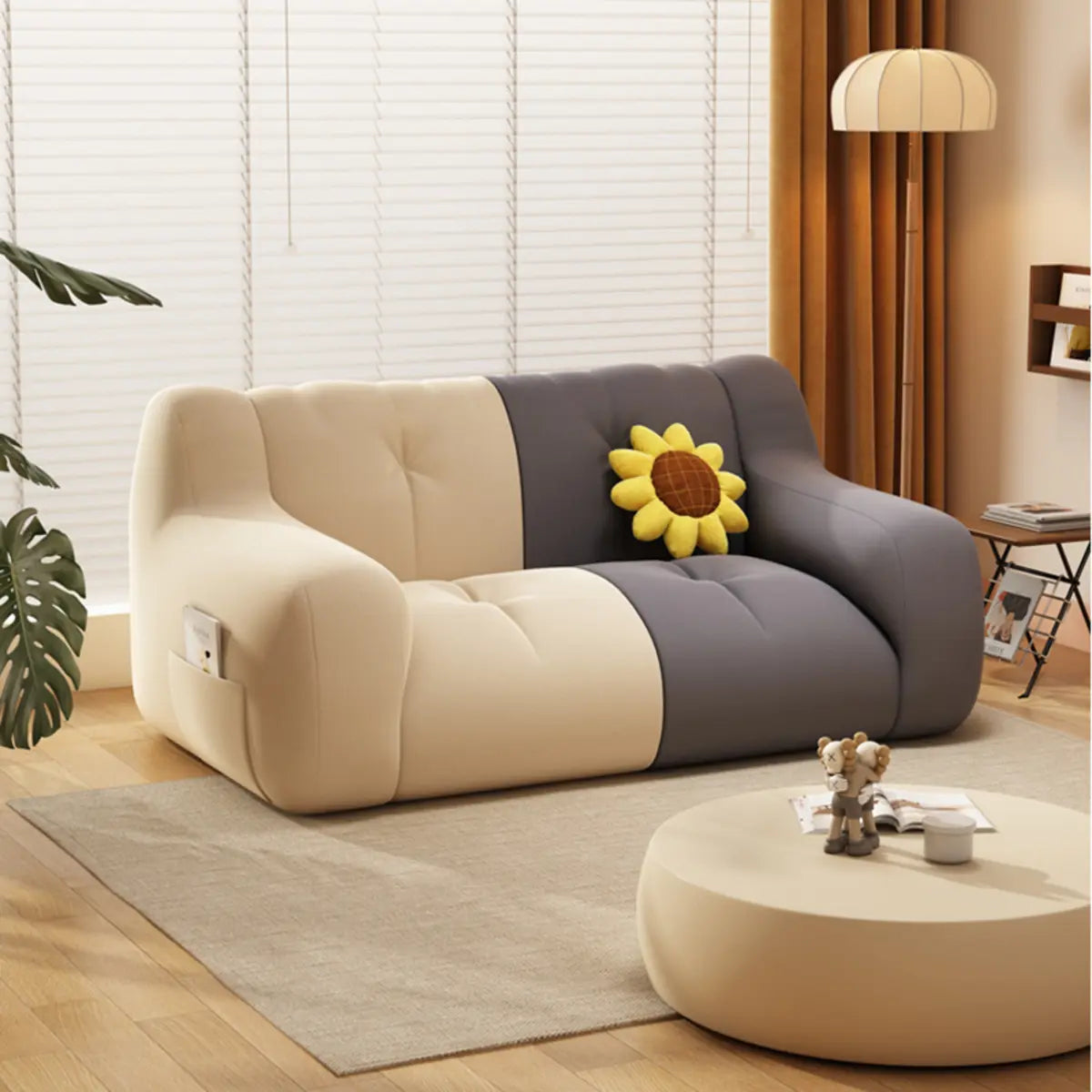 Beige Dark Grey Removable Cover 2 Seats Bean Bag Sofas Image - 7