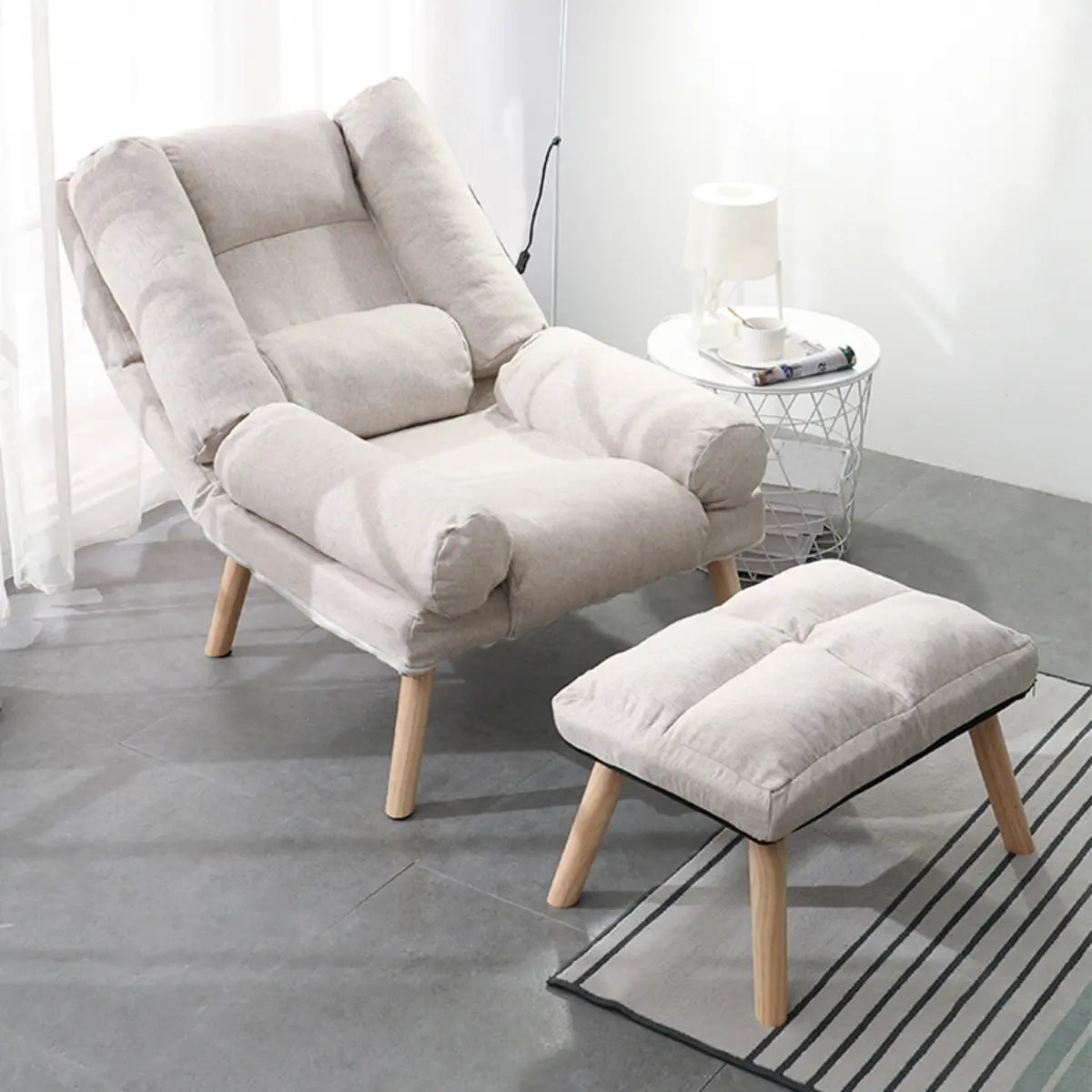 Beige Fabric Adjustable Back Recliner with Ottoman Image - 1