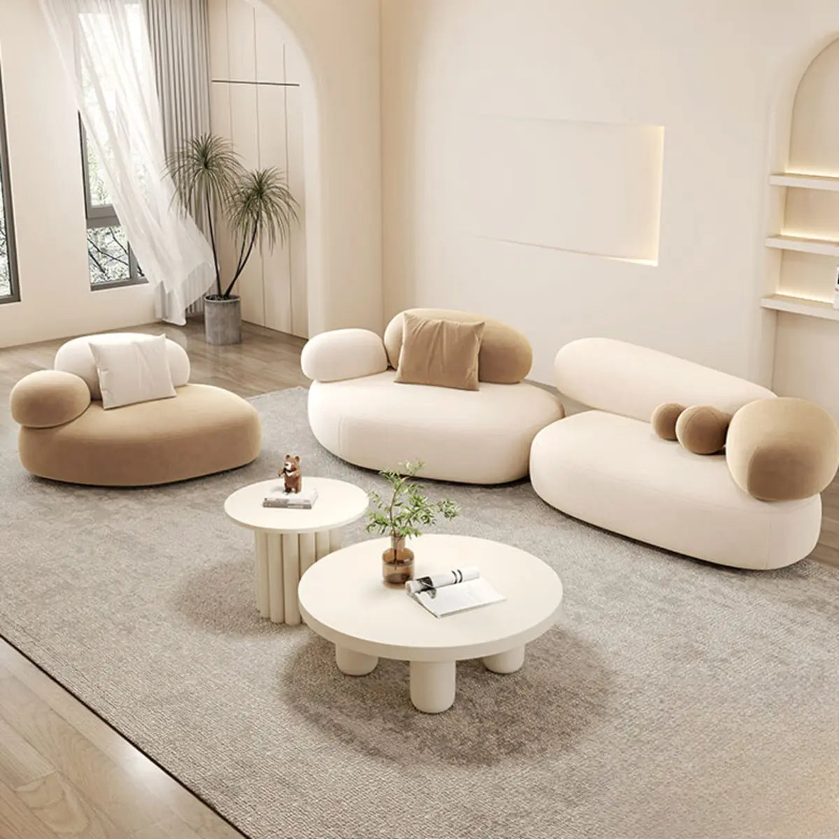 Beige Frosted Velvet Round Arms Curved Corner Sectional Image - 1