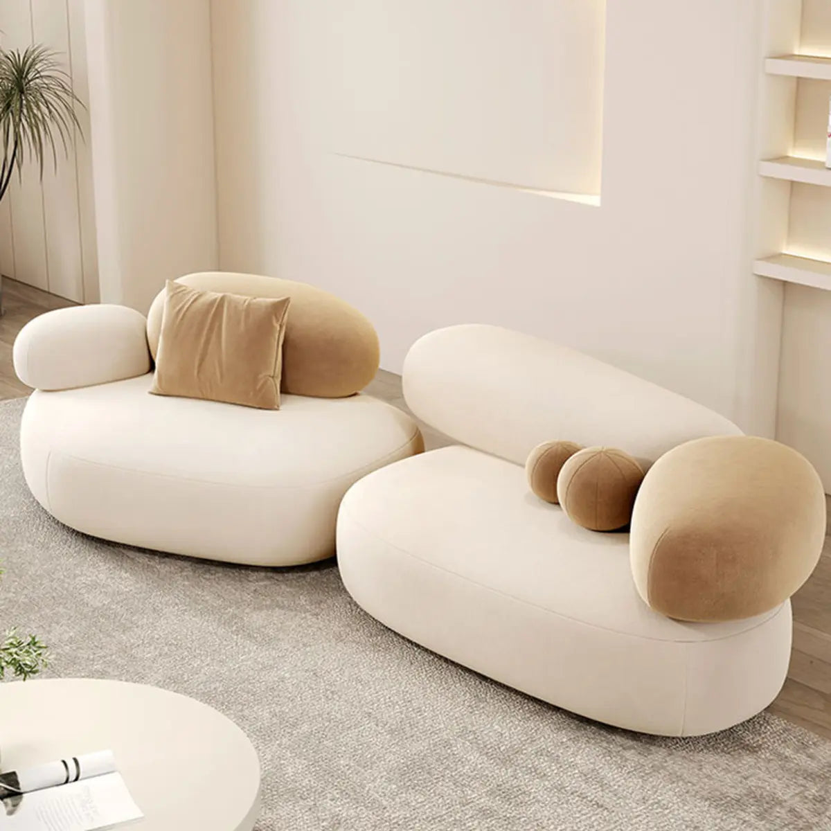 Beige Frosted Velvet Round Arms Curved Corner Sectional Image - 4