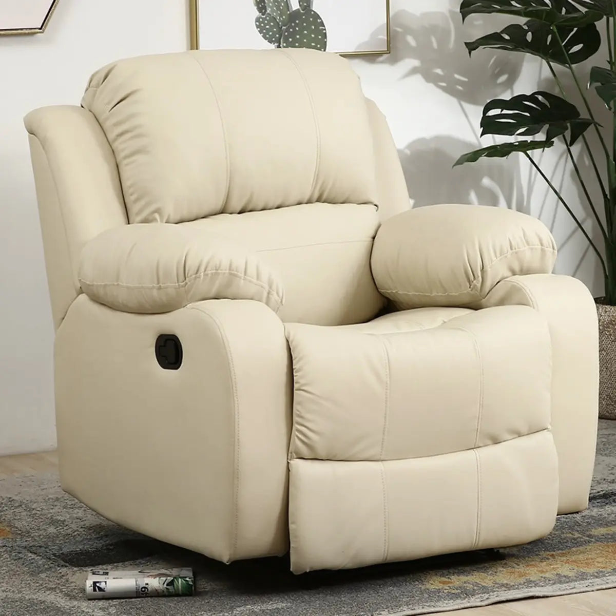 Beige Leather Adjustable Wood Lounge Recliner Chair Image - 1