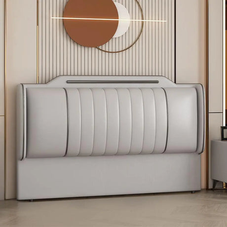 Beige Leather Rectangle Upholstered Headboard with Legs Image - 2