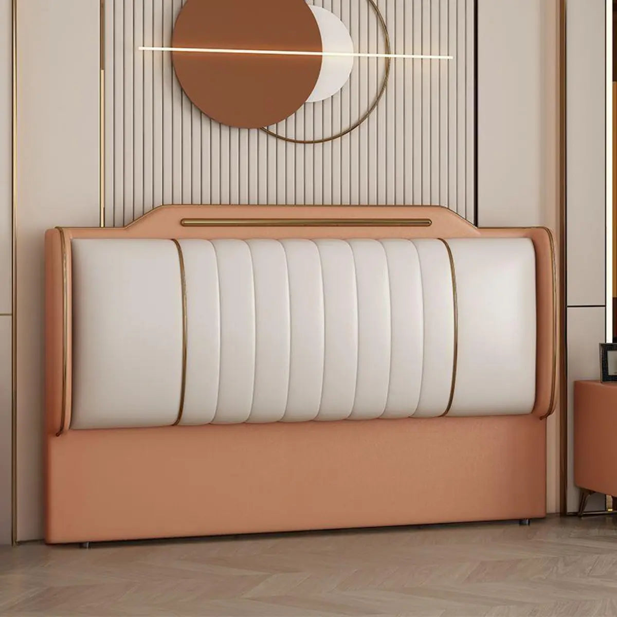 Beige Leather Rectangle Upholstered Headboard with Legs Image - 13