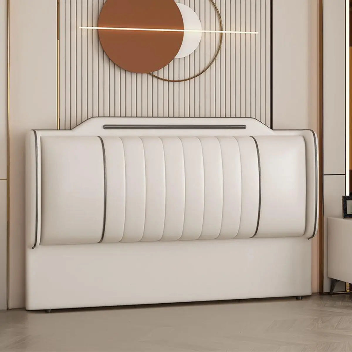 Beige Leather Rectangle Upholstered Headboard with Legs Image - 5