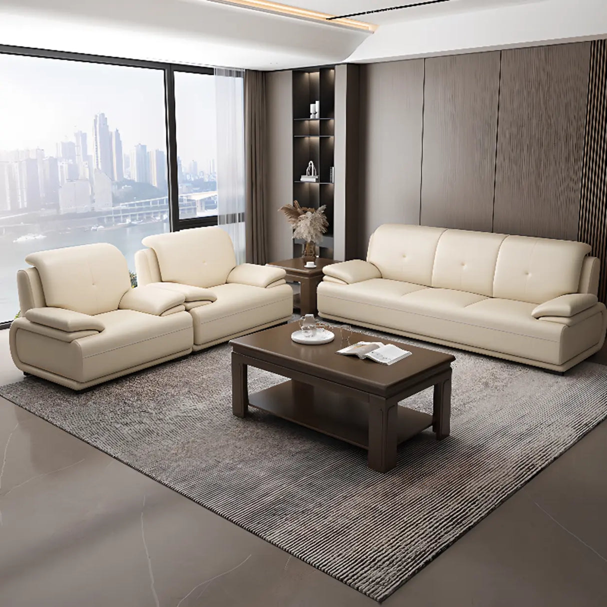 Beige Leather Sponge Sofa Set for Reception Area Image - 4