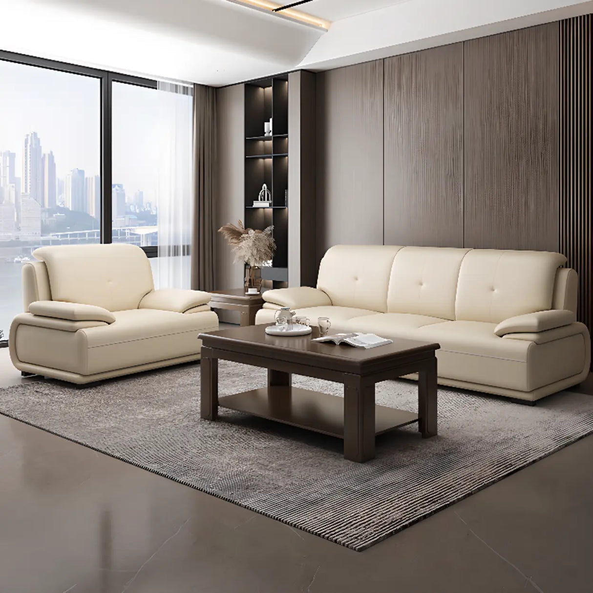 Beige Leather Sponge Sofa Set for Reception Area Image - 6