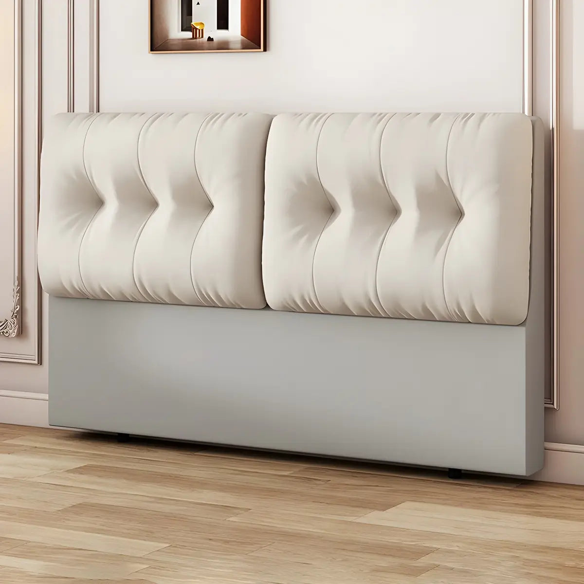 Beige Microfiber Leather Tufted Upholstered Headboard Image - 7