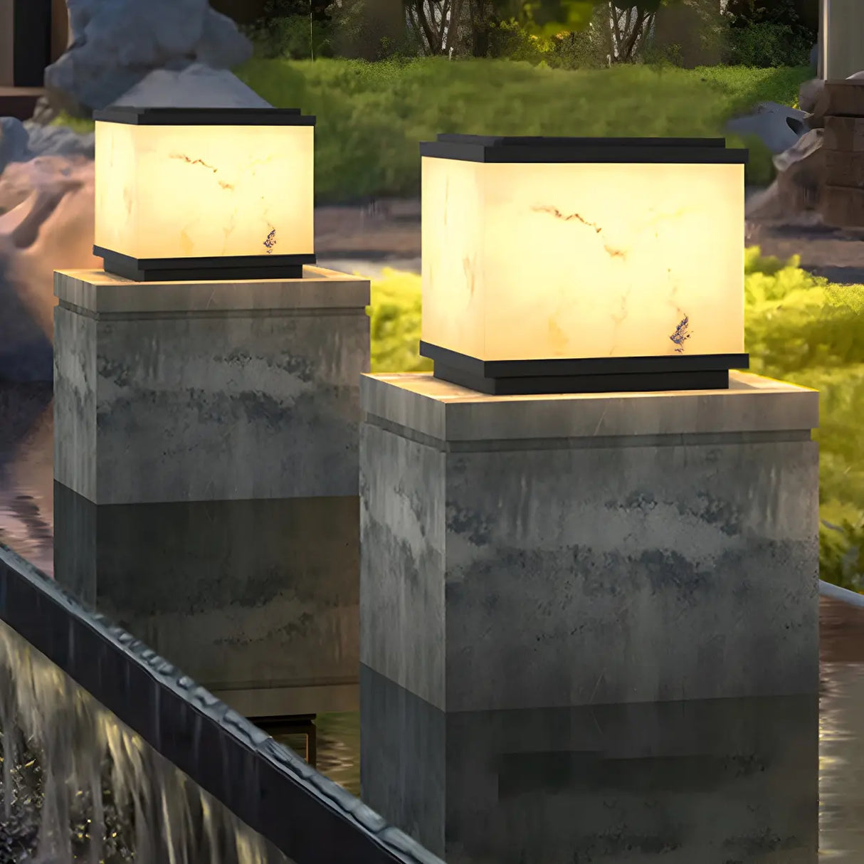 Beige Minimalist Square Ceramic Outdoor Table Lamp Image - 12