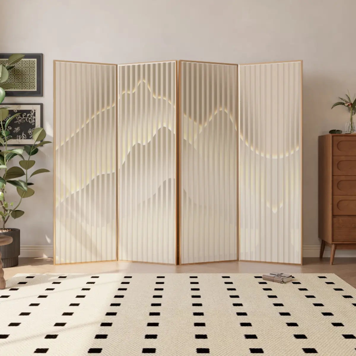 Beige Mountain Pattern Fabric Folding Privacy Room Divider Image - 1