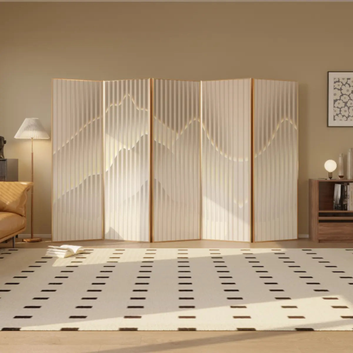 Beige Mountain Pattern Fabric Folding Privacy Room Divider Image - 4