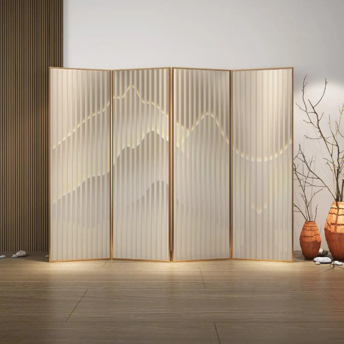 Beige Mountain Pattern Fabric Folding Privacy Room Divider Image - 5