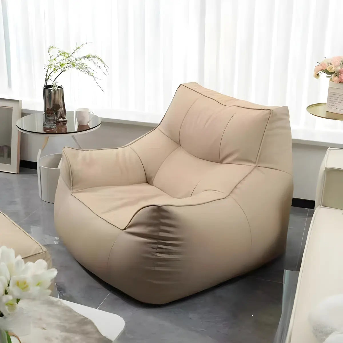 Beige Oversized Square Faux Leather Relaxation Bean Bag Image - 1