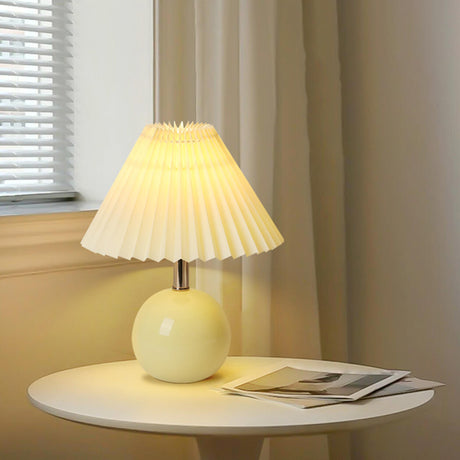 Beige Pleated Shade Globe Ceramic Bedside Table Lamp Image - 1