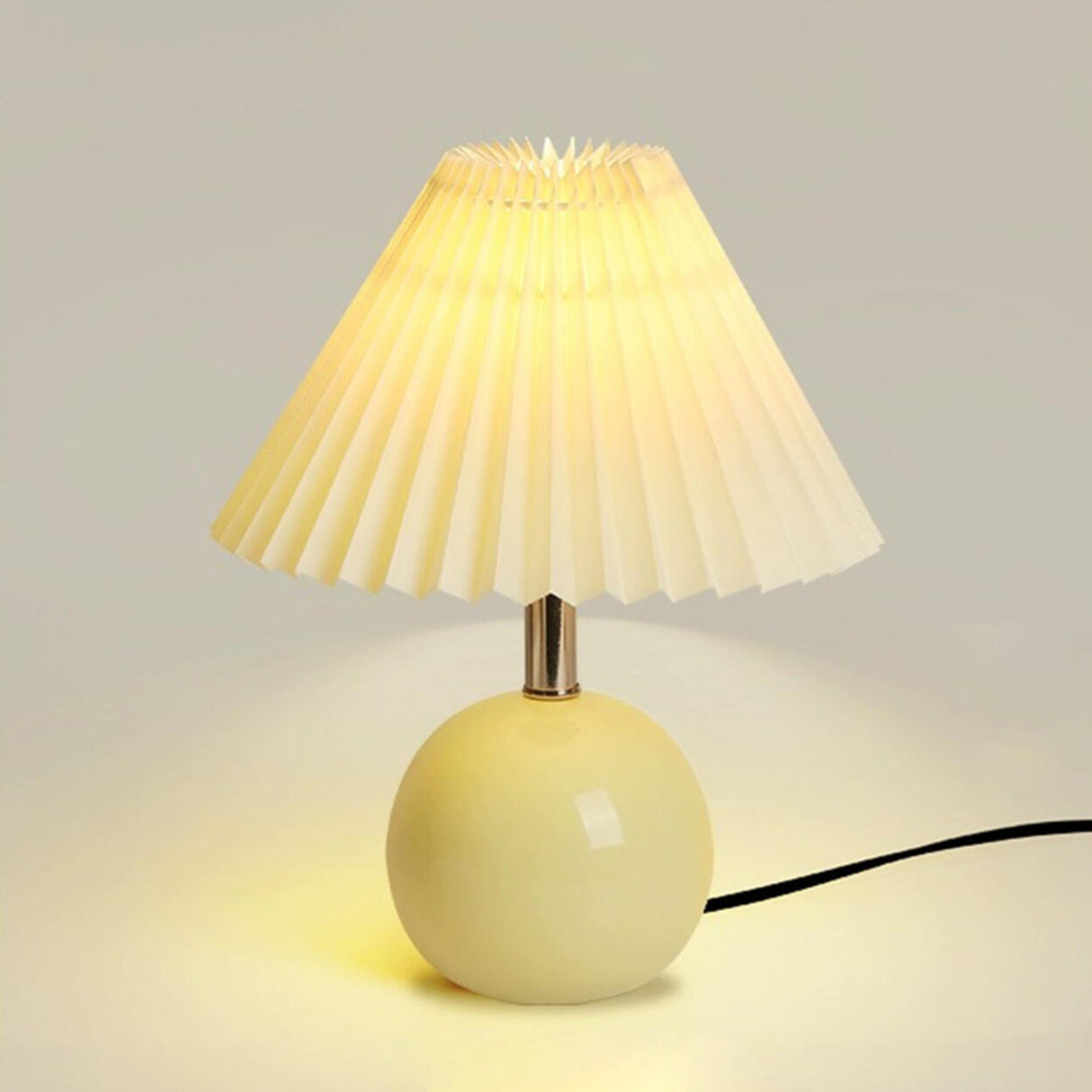 Beige Pleated Shade Globe Ceramic Bedside Table Lamp Image - 13