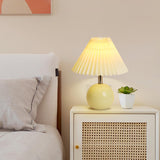 Beige Pleated Shade Globe Ceramic Bedside Table Lamp Image - 6