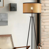 Beige Rattan Barrel Shade Modern Tripod Floor Lamp Image - 11