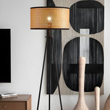 Beige Rattan Barrel Shade Modern Tripod Floor Lamp Image - 4