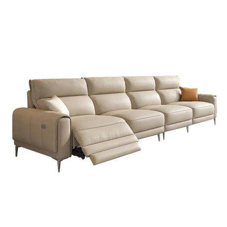 Beige Reclining Genuine Leather Wood Frame Loveseat Image - 5