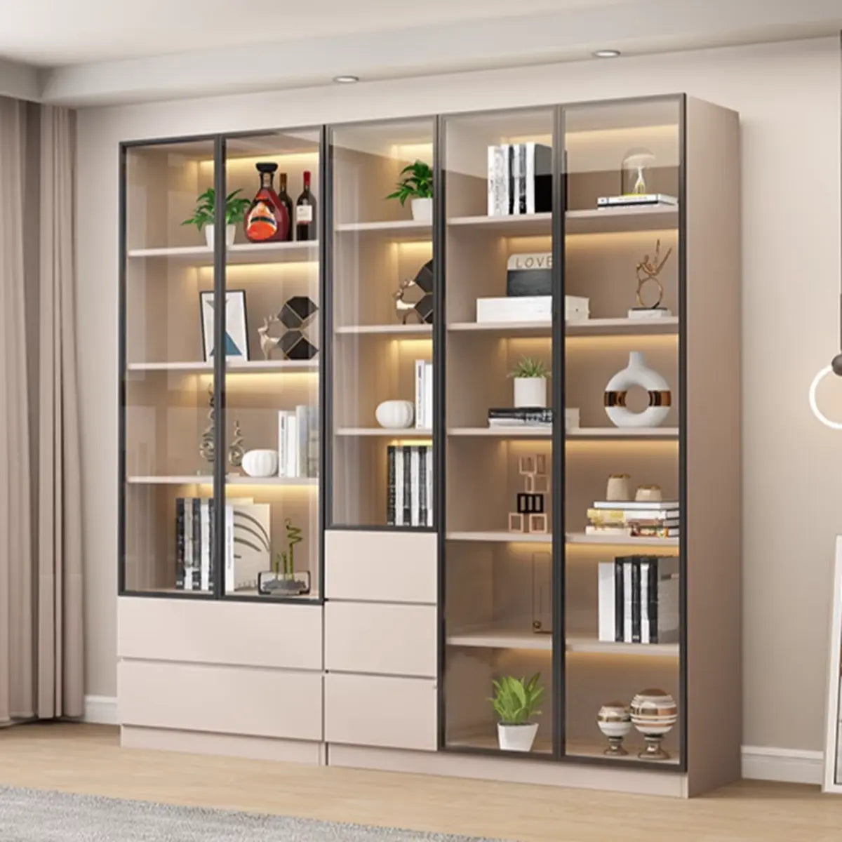 Beige Rectangular Glass Large Storage Display Cabinet Image - 1