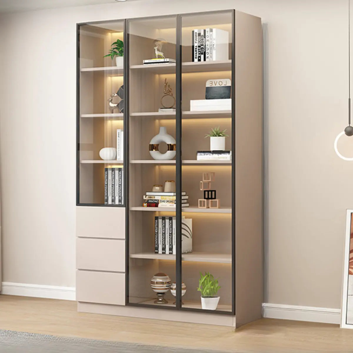 Beige Rectangular Glass Large Storage Display Cabinet Image - 11