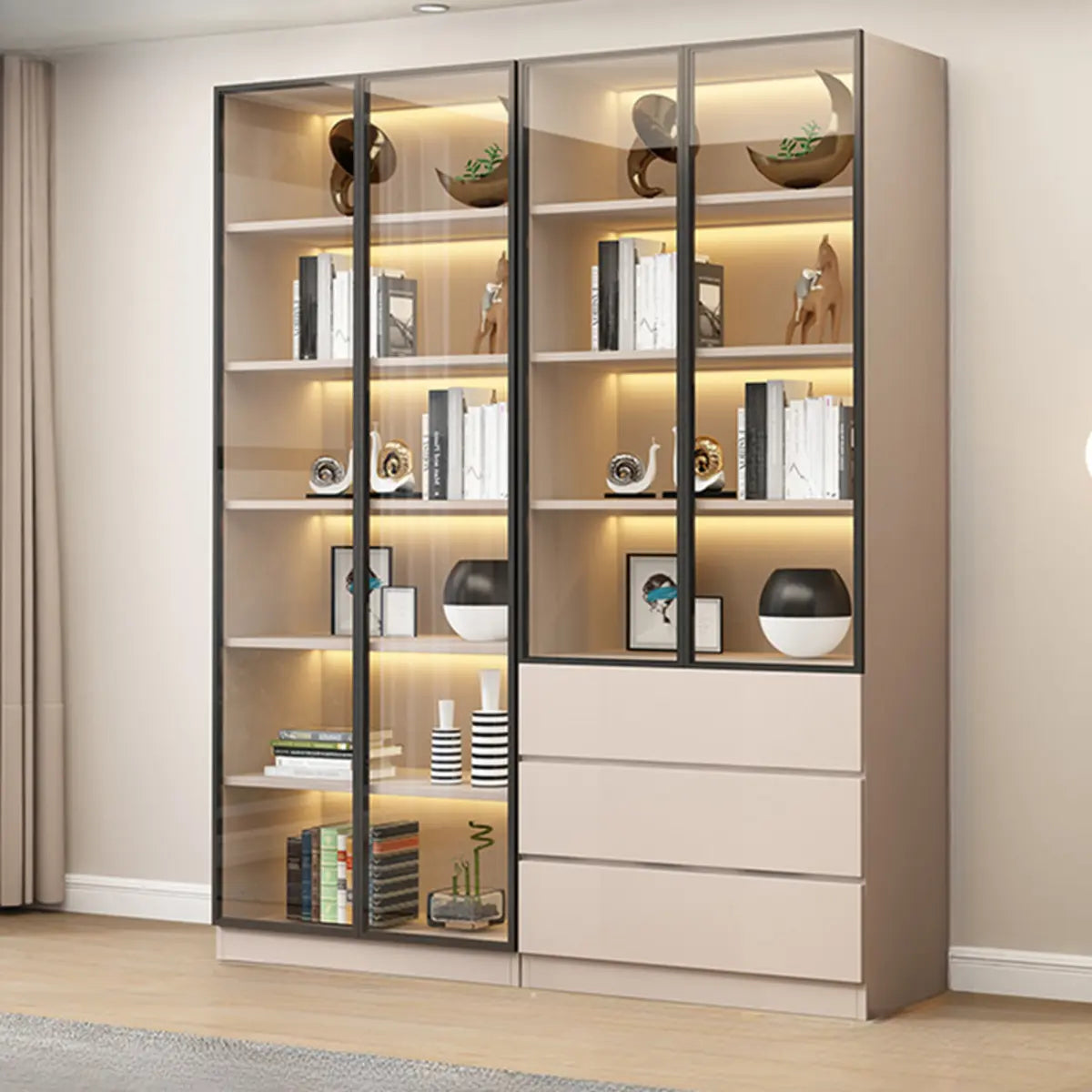 Beige Rectangular Glass Large Storage Display Cabinet Image - 12