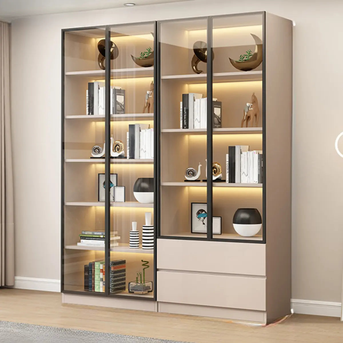 Beige Rectangular Glass Large Storage Display Cabinet Image - 15