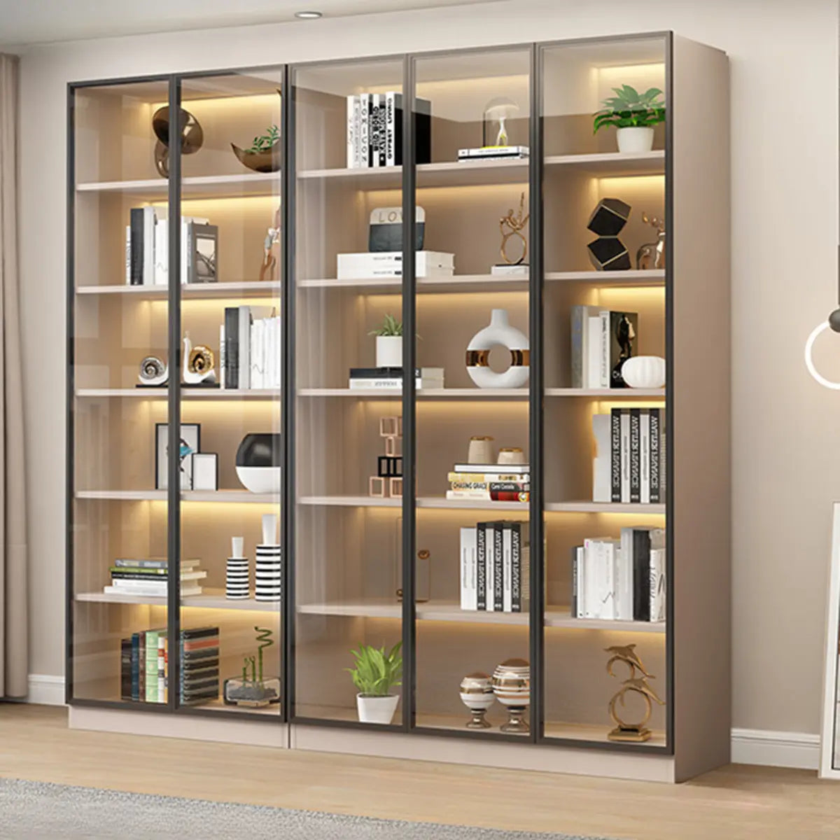 Beige Rectangular Glass Large Storage Display Cabinet Image - 16