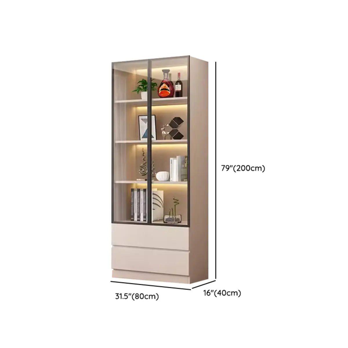 Beige Rectangular Glass Large Storage Display Cabinet Image - 20