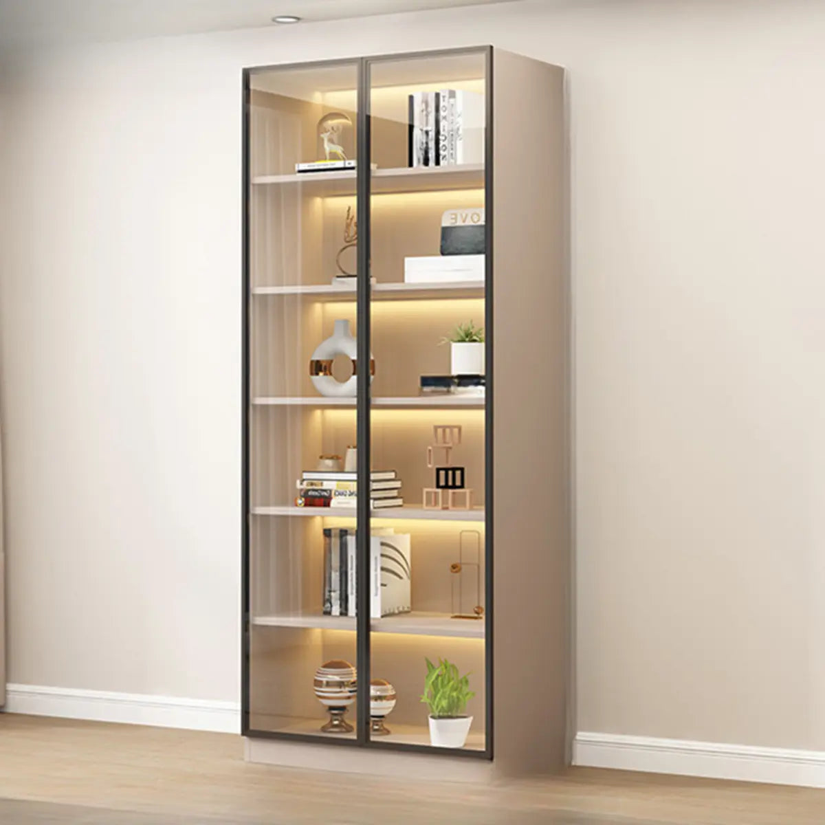 Beige Rectangular Glass Large Storage Display Cabinet Image - 4