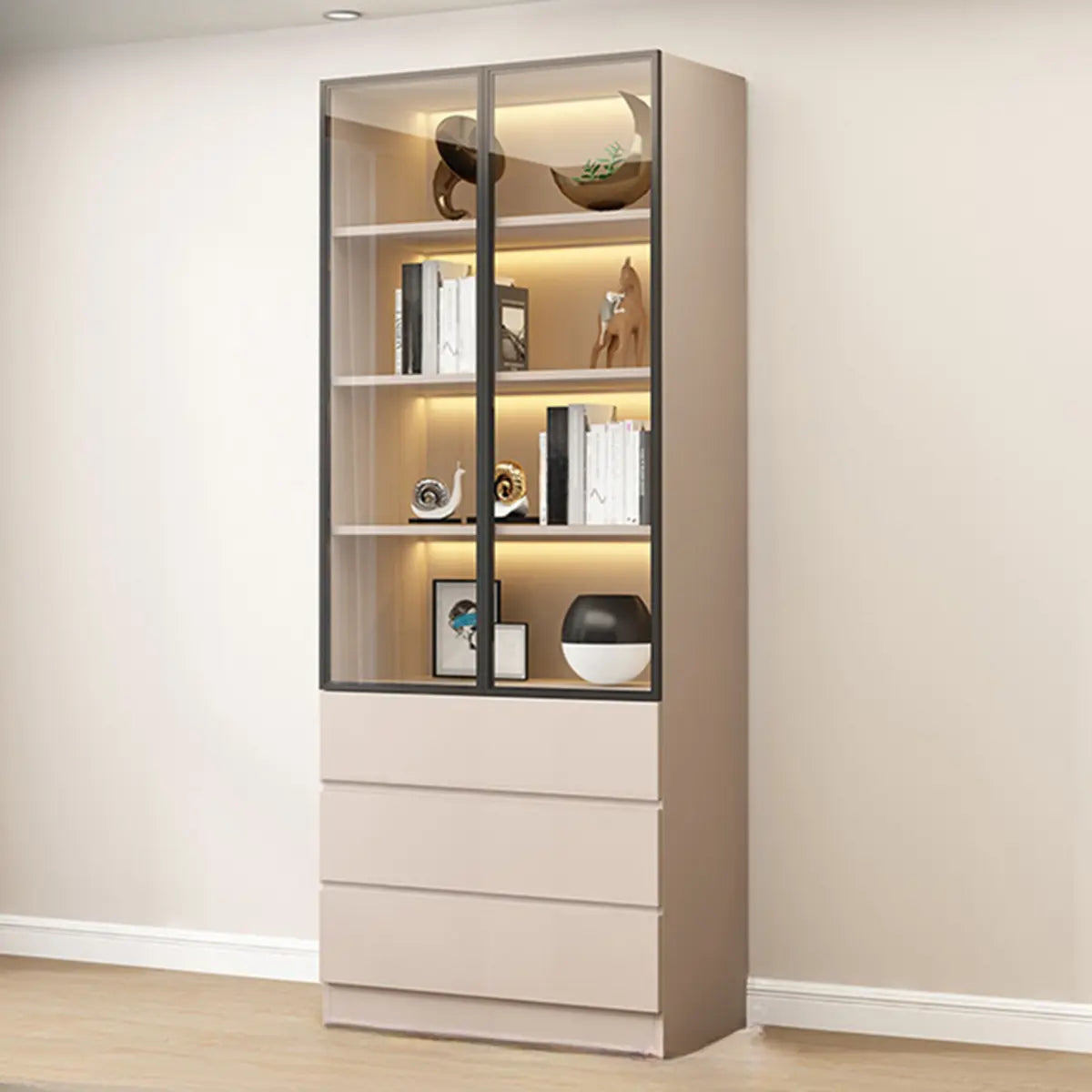 Beige Rectangular Glass Large Storage Display Cabinet Image - 7