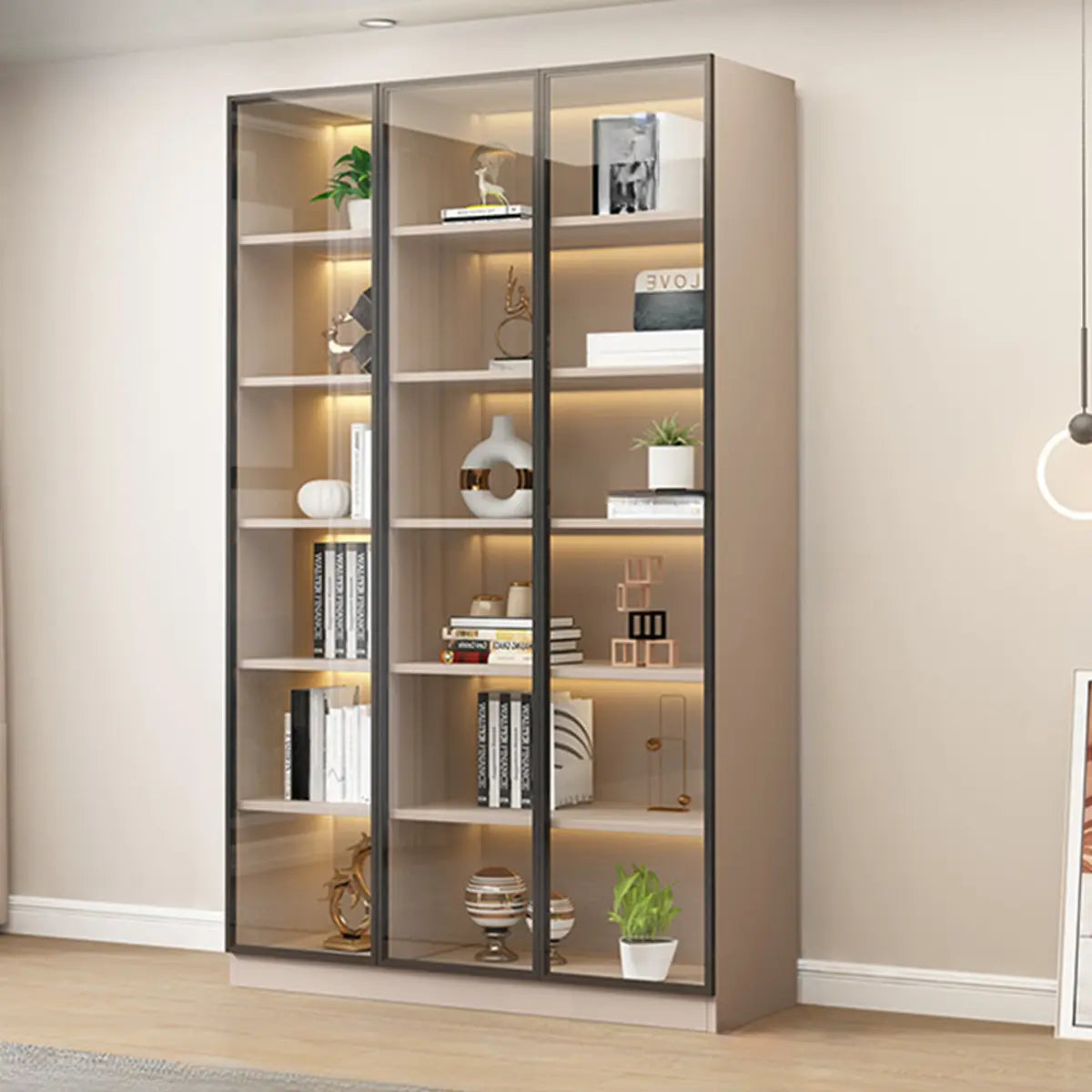 Beige Rectangular Glass Large Storage Display Cabinet Image - 9