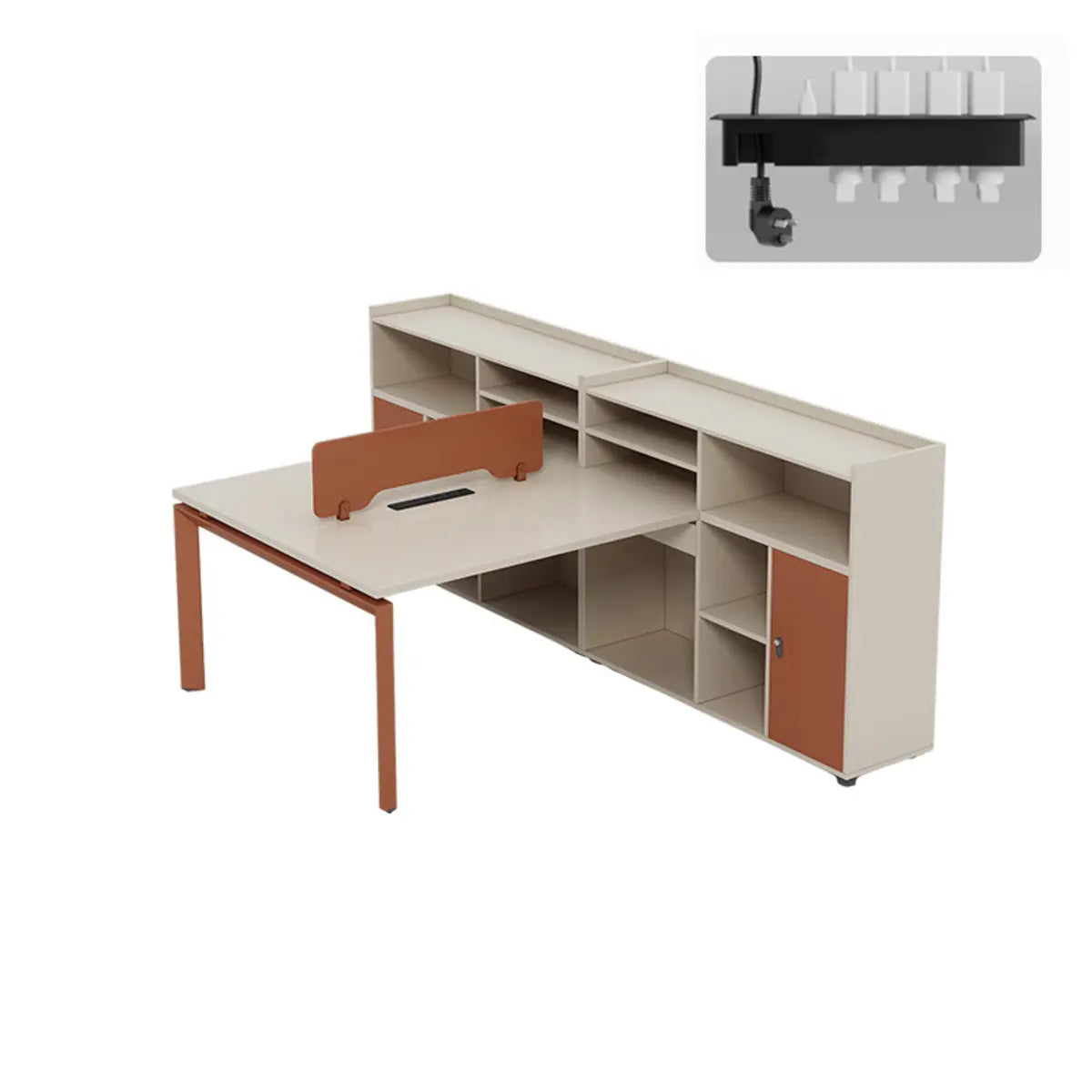 Beige Red Wood Hutch Storage Shelf T-Shape Writing Desk Image - 4