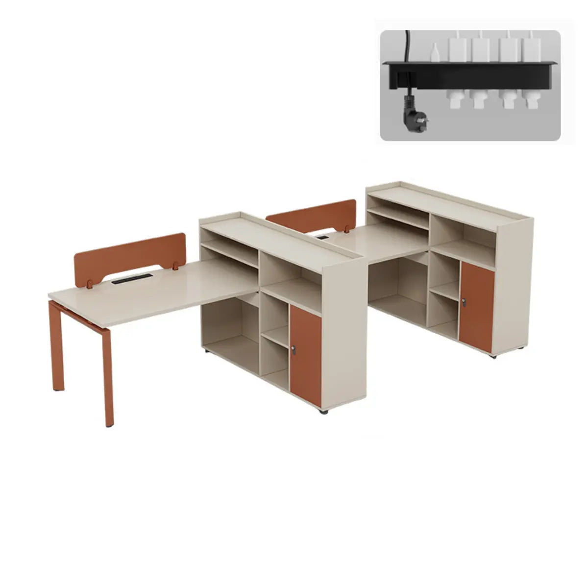 Beige Red Wood Hutch Storage Shelf T-Shape Writing Desk Image - 5