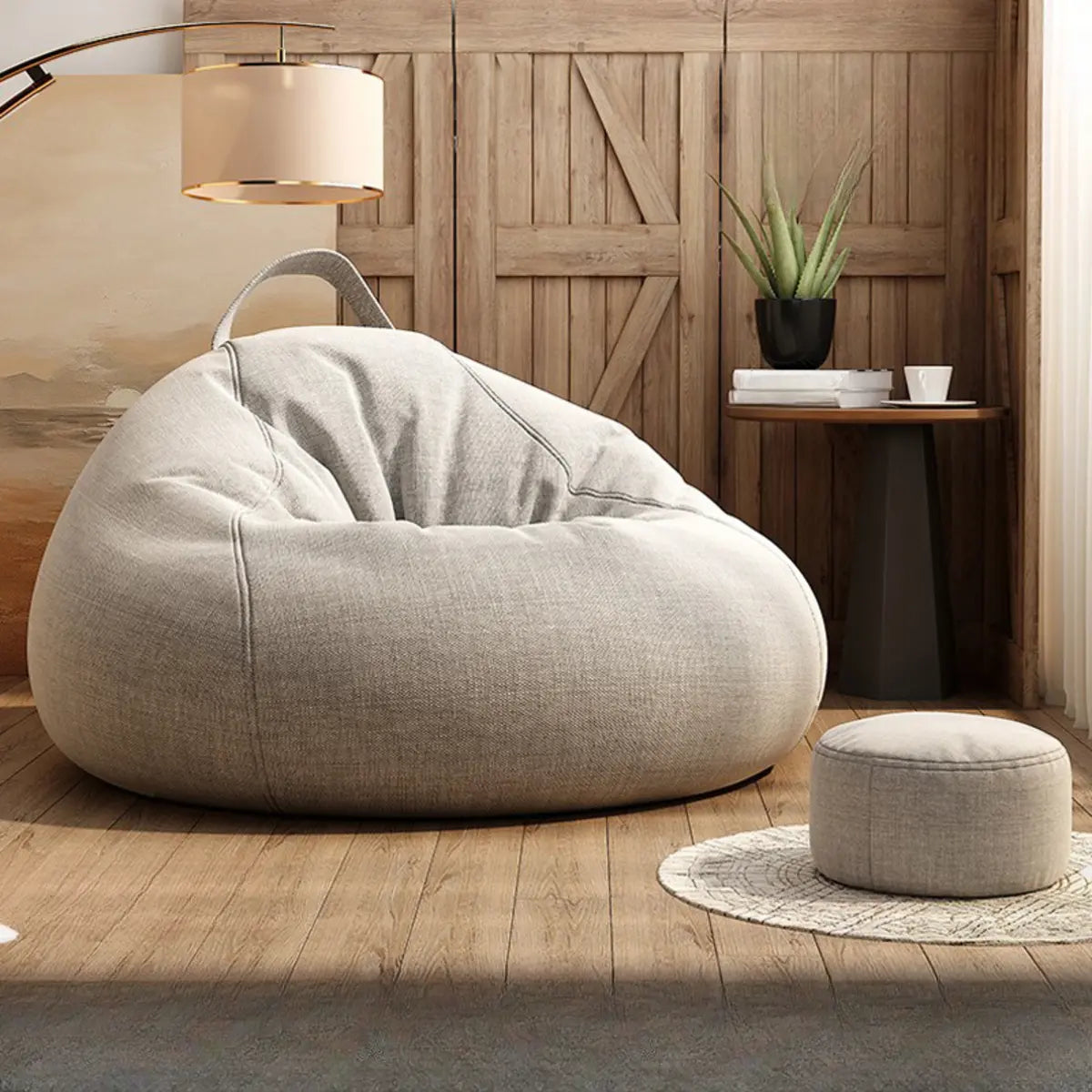 Beige Removable Cover Round Fabric Fill Bean Bag Seat Image - 1