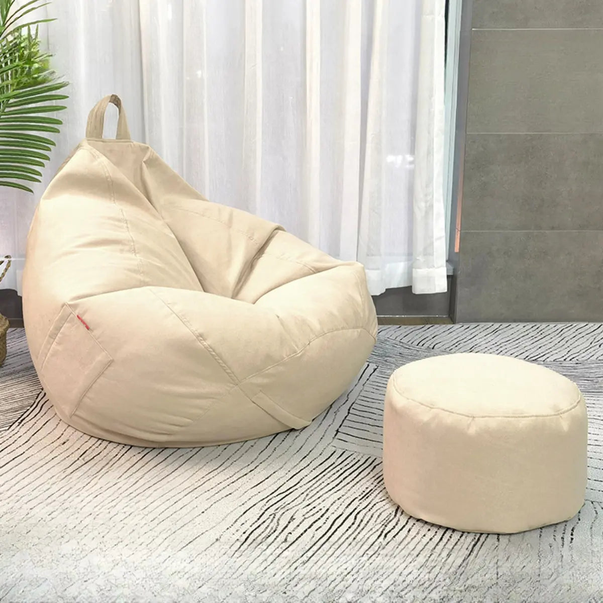 Beige Removable Cover Round Fabric Fill Bean Bag Seat Image - 15