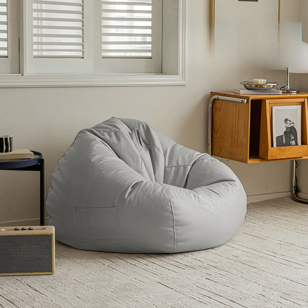 Beige Removable Cover Round Fabric Fill Bean Bag Seat Image - 5