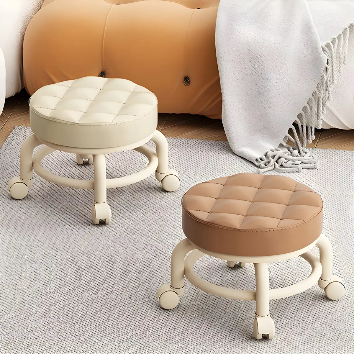 Beige Round Faux Leather Small Sliding Ottoman Stool Image - 1