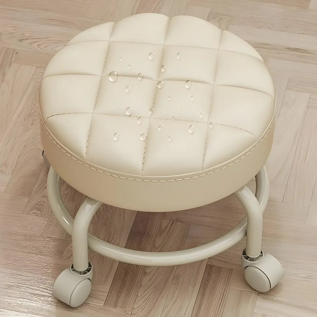 Beige Round Faux Leather Small Sliding Ottoman Stool Image - 20