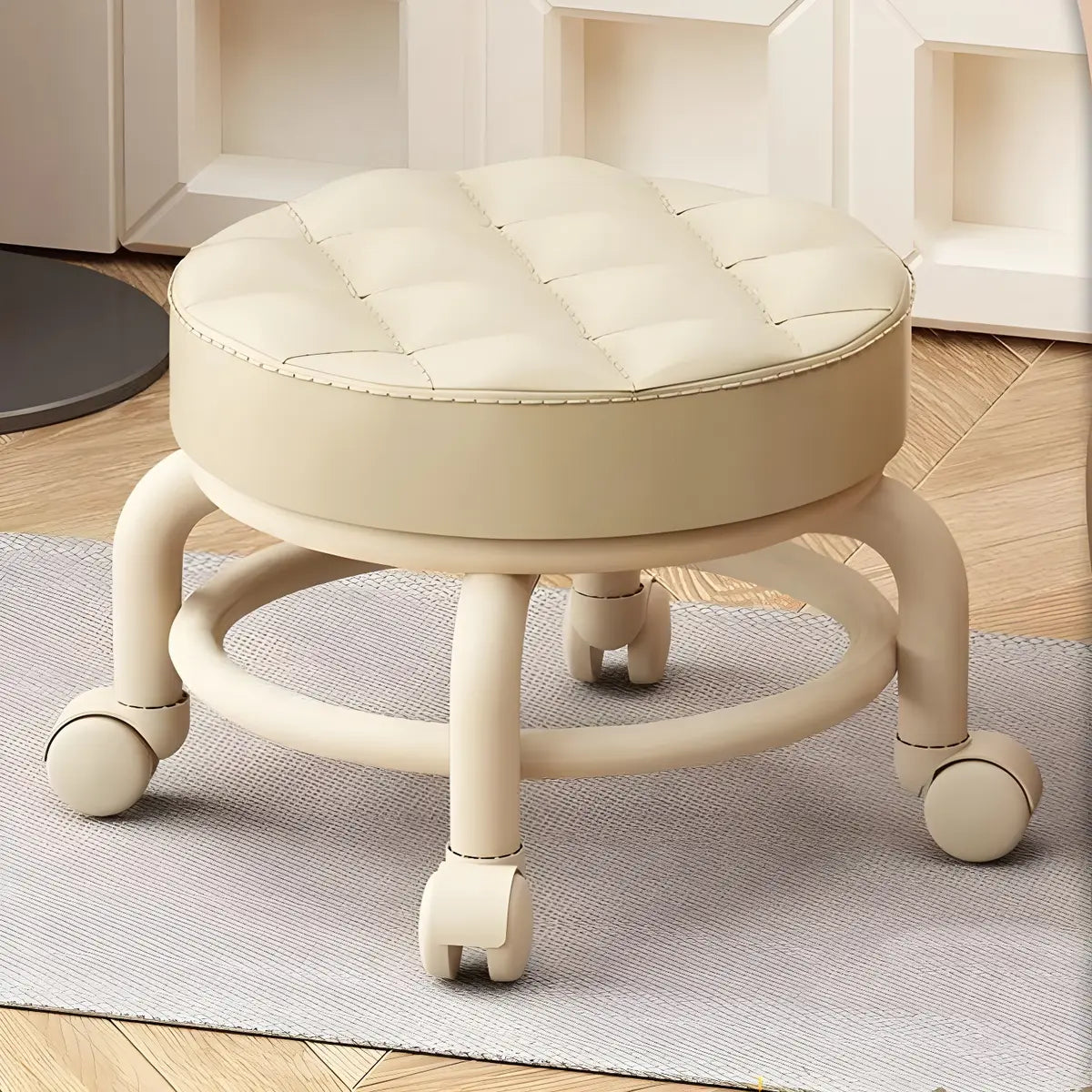 Beige Round Faux Leather Small Sliding Ottoman Stool Image - 21