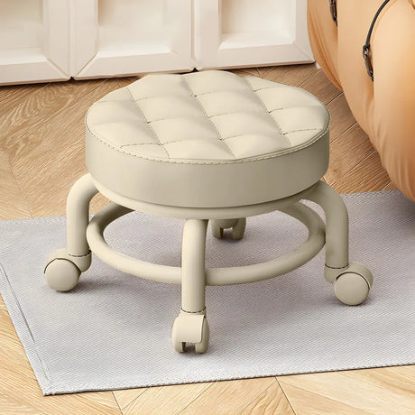 Beige Round Faux Leather Small Sliding Ottoman Stool Image - 7