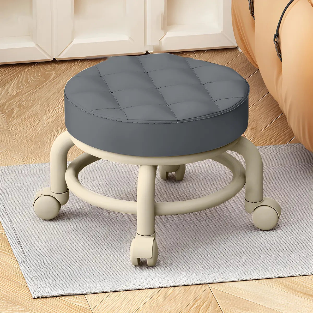 Beige Round Faux Leather Small Sliding Ottoman Stool Image - 3