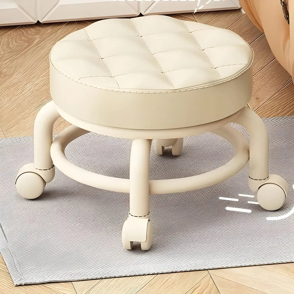 Beige Round Faux Leather Small Sliding Ottoman Stool Image - 8